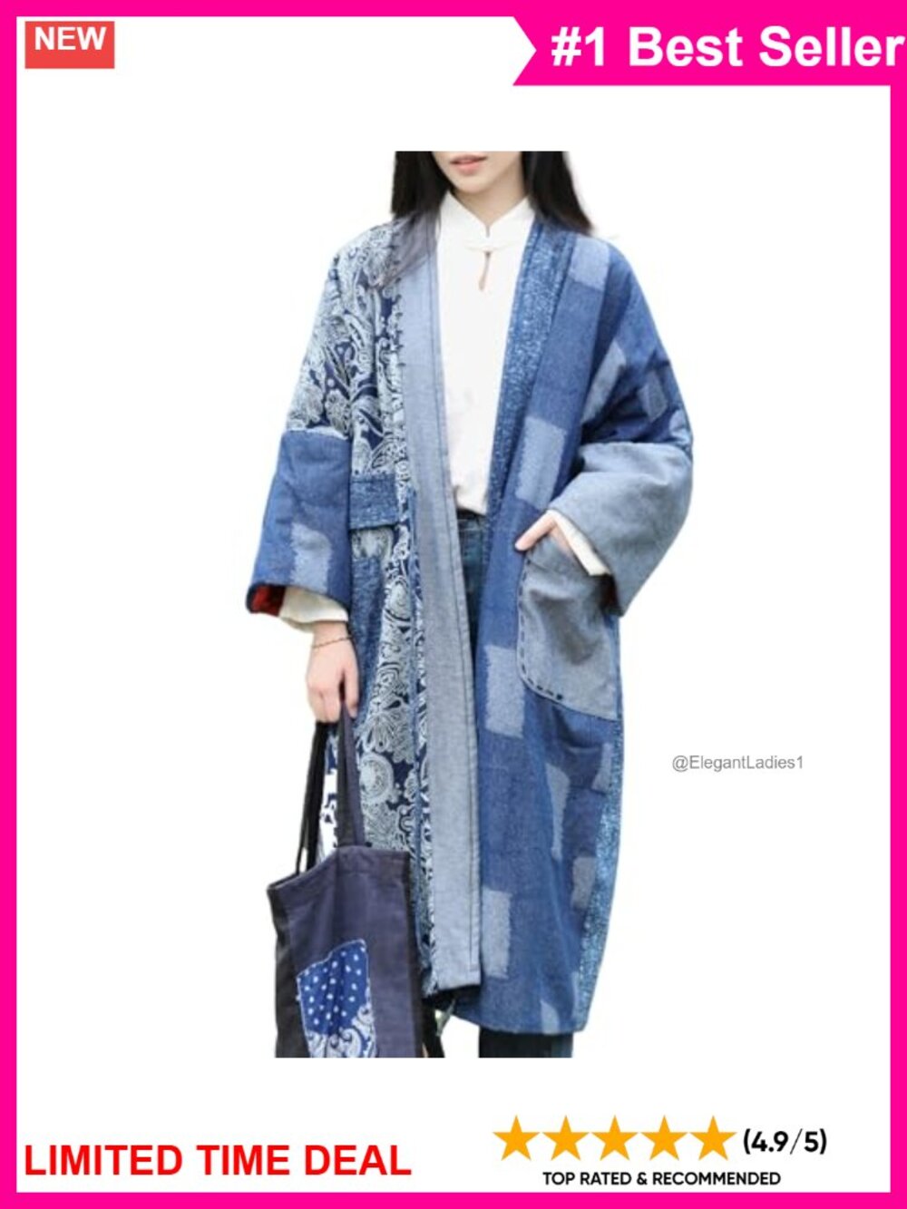 Patchwork Denim Kimono Cardigan Coat Cotton Padded Boho Open Front